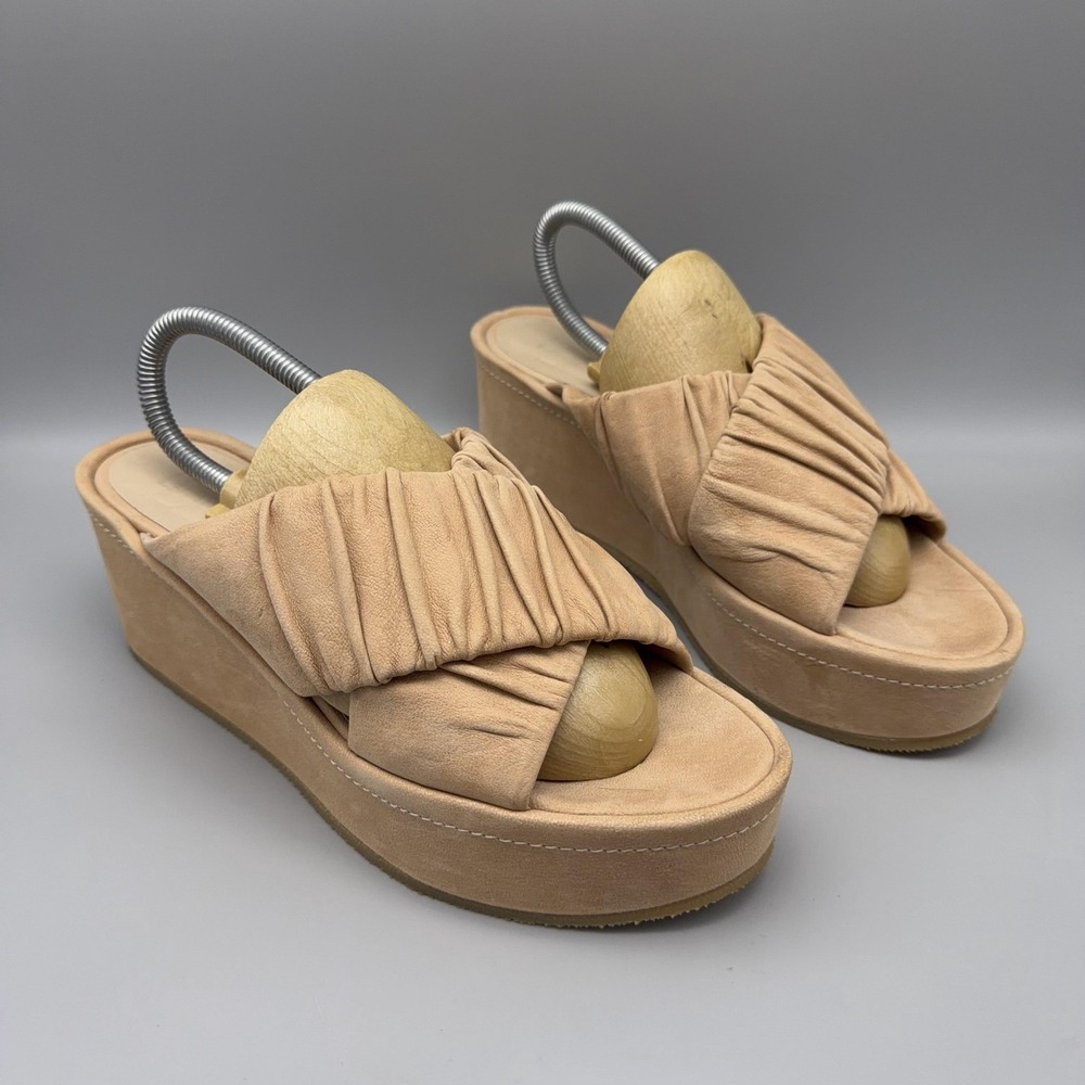LD Tuttle Sandals Womens Size 9 Wedge Beige Leather Platform Slide Shoes Italy